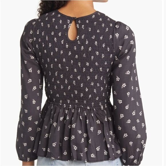 Marine Layer Gabrielle Smocked Top Black Modern Ditsy 3/4 Sleeves Popover Small - Picture 2 of 9
